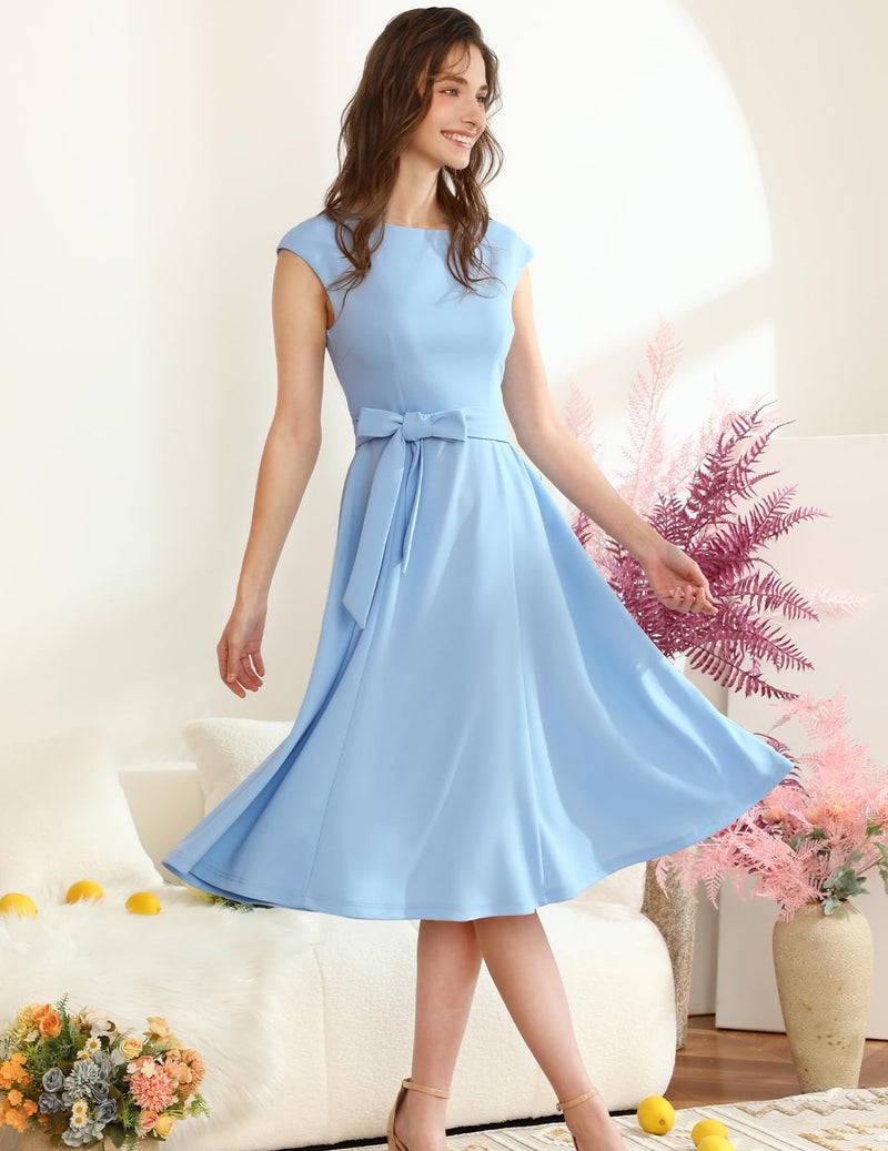 DRESSTELLS Cocktail Womens Dresses for Wedding Guest Semi Formal Spring Easter Summer Vintage Tea Party Modest Western Church Midi Dress Pastel Blue L - Image 3